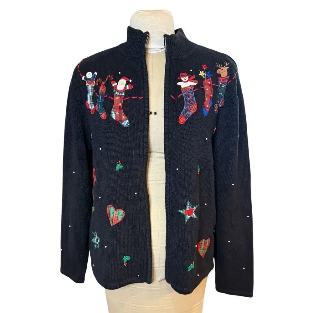 Pappagallo Christmas Cardigan Sz. M Full Zip High Collar Ugly Christmas Sweater